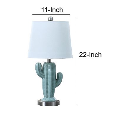 22 Inch Accent Table Lamp, Cactus Designed Body, Metal Base, Blue, White