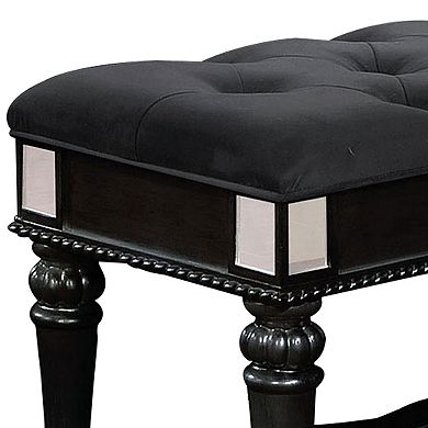 Fabric Padded Bench with Deep Button Tufting and Turned Legs, Black