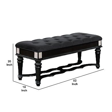 Fabric Padded Bench with Deep Button Tufting and Turned Legs, Black