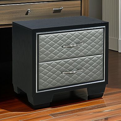 Nightstand with 2 Drawers and Upholstery, Black and Silver