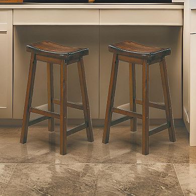 Wooden 29" Counter Height Stool With Saddle Seat, Distressed Cherry, Set Of 2