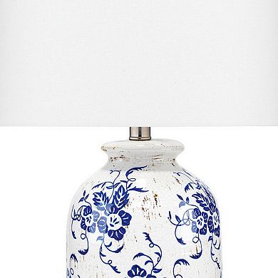 Table Lamp with Floral Pattern Ceramic Vase Base, White