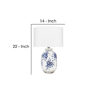 Table Lamp with Floral Pattern Ceramic Vase Base, White