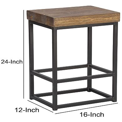 Iron Base Counter Height Stool with Pine Wood Seat, Brown and Black