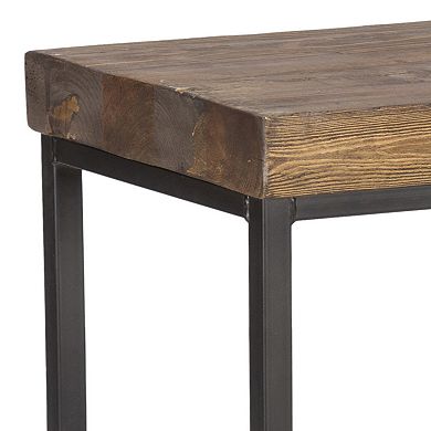 Iron Base Counter Height Stool with Pine Wood Seat, Brown and Black