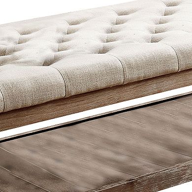 Button Tufted Fabric Upholstered Bench with Bottom Shelf, Beige and Brown