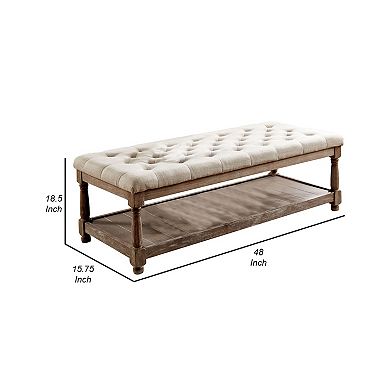 Button Tufted Fabric Upholstered Bench with Bottom Shelf, Beige and Brown