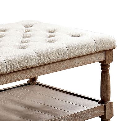 Button Tufted Fabric Upholstered Bench with Bottom Shelf, Beige and Brown