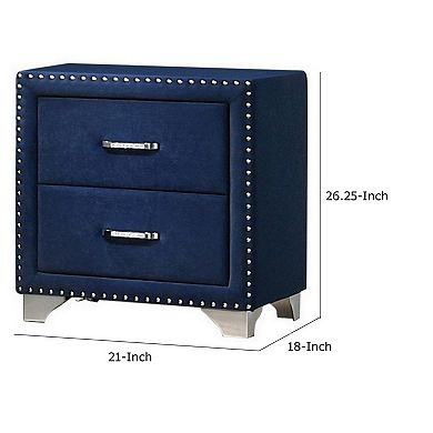 Cale 26 Inch Modern Wood Nightstand, Velvet Upholstered, Nailhead, Blue