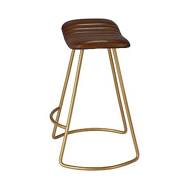 Counter Stool with Leatherette Vertical Channel Stitching, Brown and Antique Brass
