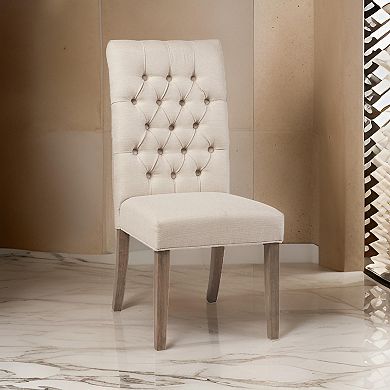 Fabric Dining Chair with Button Tufted Back, Set of 2, Beige