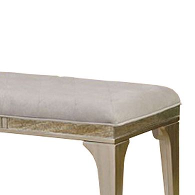 51 Inch Wood Bench, Cushioned Seat, Tapered Legs Support, Gray, Champagne Silver