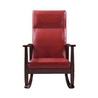 Rocking Chair with Leatherette Seating and Wooden Frame, Red