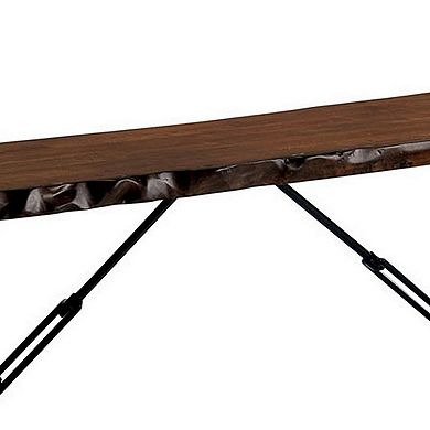 Rectangular Metal Frame Bench with Wooden Seat, Black and Brown