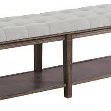 Bench with Button Tufted Seat and Open Shelf, Beige