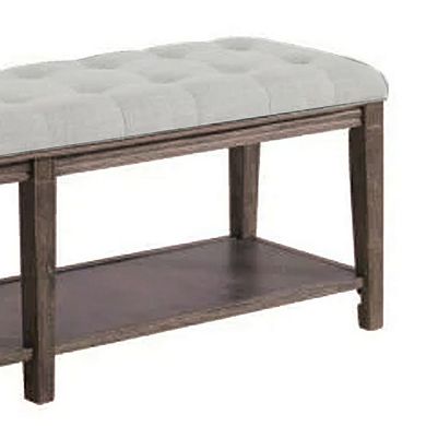 Bench with Button Tufted Seat and Open Shelf, Beige