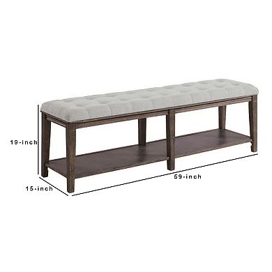 Bench with Button Tufted Seat and Open Shelf, Beige