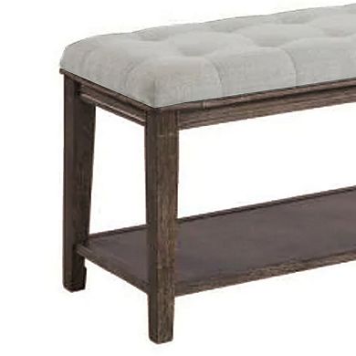 Bench with Button Tufted Seat and Open Shelf, Beige