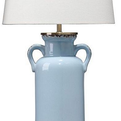 21 Inch Ceramic Table Lamp with Handles, White and Blue