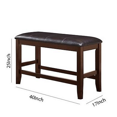 Wooden Counter Height Bench with Leatherette Seat, Brown and Black