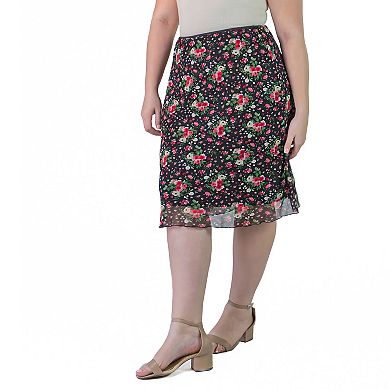 Plus Size 24Seven Comfort Apparel Sheer Overlay Elastic Waist Midi Skirt