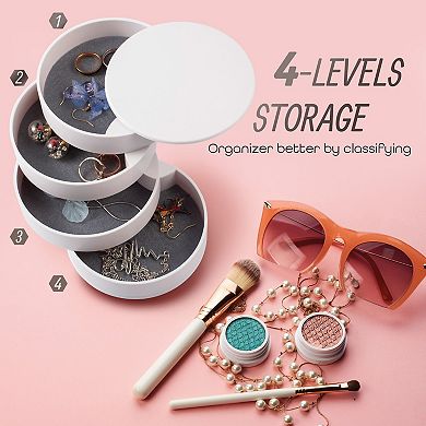 4 Layer Jewelry Storage Organizer, 360° Rotating Tiered Jewelry Trinket Tray, Small Plastic Ring Bracelet Earring Holder for Women, White