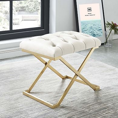 22" Ivory and Gold Contemporary Single Bench with Button Tufting