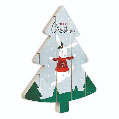 18" Green and White Merry Christmas Bunny Tree Wall Hanging
