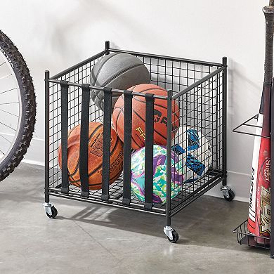 mDesign Metal Rolling Sports Equipment Storage Holder Rack with 4 Wheels