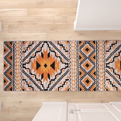 Masada Rugs Winslow Collection 3'x10' Southwestern Print Accent Runner Rug in Orange, White and Black with Cotton Backing