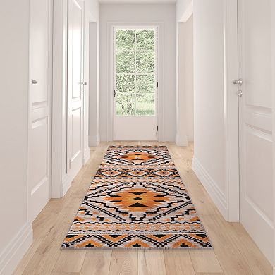 Masada Rugs Winslow Collection 3'x10' Southwestern Print Accent Runner Rug in Orange, White and Black with Cotton Backing