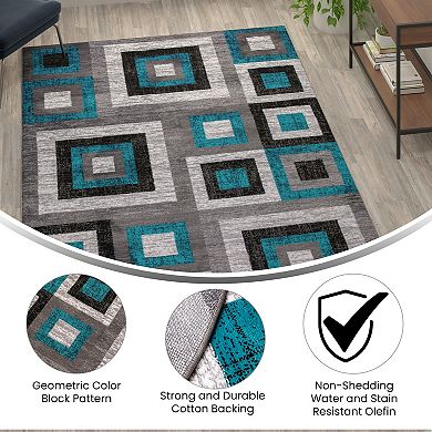 Masada Rugs Newton Collection Modern 6'x9' Accent Rug with Geometric Square Pattern in Turquoise, Gray and White