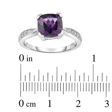 Sterling Silver Cushion Amethyst & Diamond Accent Ring