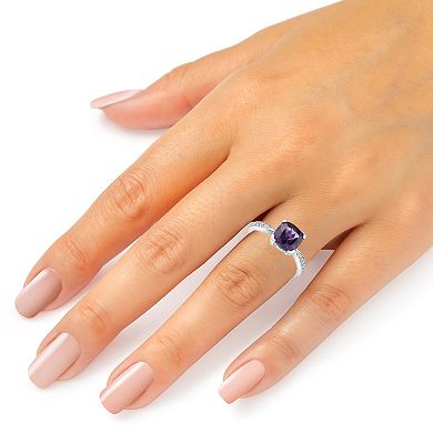 Sterling Silver Cushion Amethyst & Diamond Accent Ring