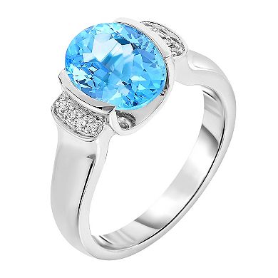 Sterling Silver Oval Blue Topaz & Diamond Accent Ring
