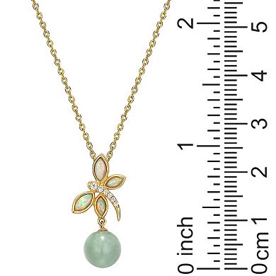 18k Gold Over Silver Lab-Created Opal Dragonfly & Green Jade Bead Necklace