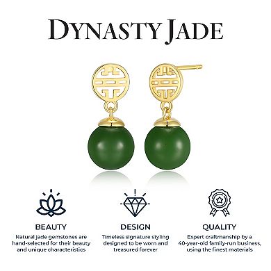 18k Gold Over Silver Genuine Green Jade & White Topaz Oval Earrings