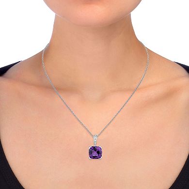 Sterling Silver Amethyst & Diamond Accent Cushion Pendant Necklace