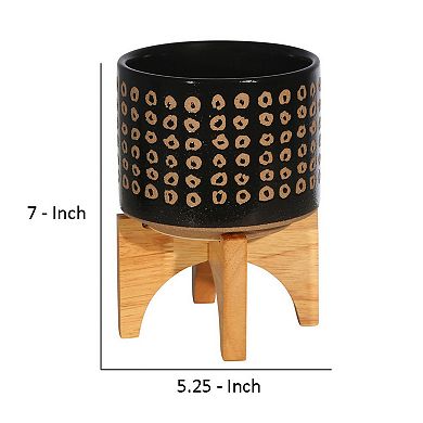 Planter with Wooden Stand and Abstract Design, Small, Black