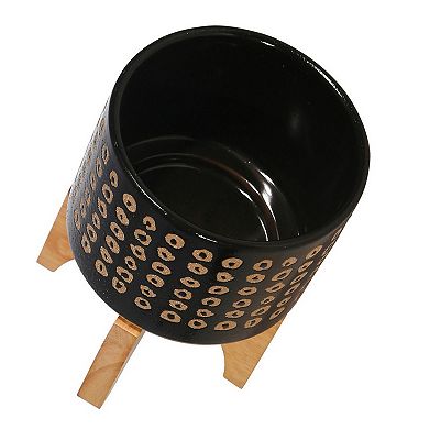 Planter with Wooden Stand and Abstract Design, Small, Black