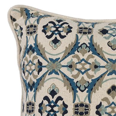Fabric Throw Pillow with Medallion Print, Cream and Blue