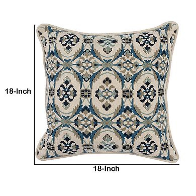 Fabric Throw Pillow with Medallion Print, Cream and Blue