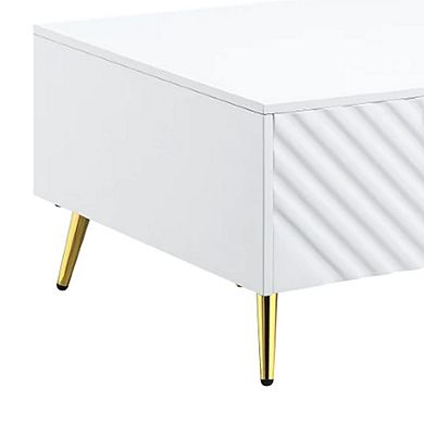 Tyra 53 Inch Modern Coffee Table, 2 Drawers, Metal Handles, White, Gold