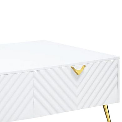 Tyra 53 Inch Modern Coffee Table, 2 Drawers, Metal Handles, White, Gold