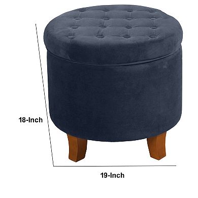 Button Tufted Velvet Upholstered Wooden Ottoman with Hidden Storage, Dark Blue and Brown
