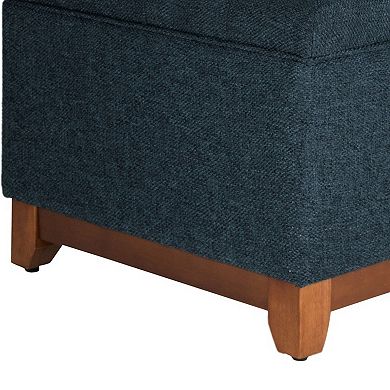Textured Fabric Upholstered Wooden Ottoman With Button Tufted Top, Blue and Brown