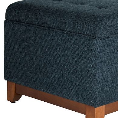 Textured Fabric Upholstered Wooden Ottoman With Button Tufted Top, Blue and Brown