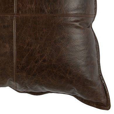 Square Leatherette Throw Pillow with Stitched Details, Dark Brown