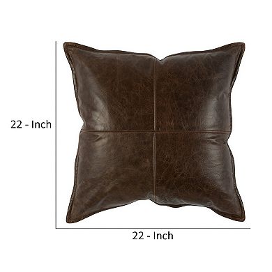Square Leatherette Throw Pillow with Stitched Details, Dark Brown