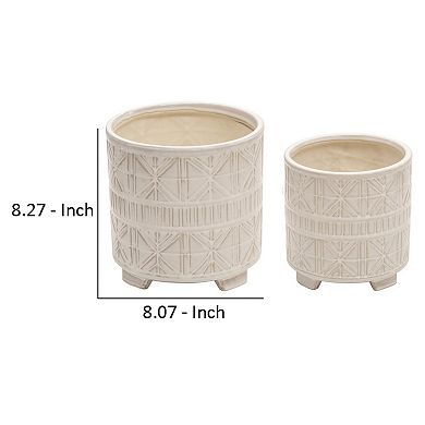 Footed Planter with Ceramic and Geometric Pattern, Set of 2, Beige